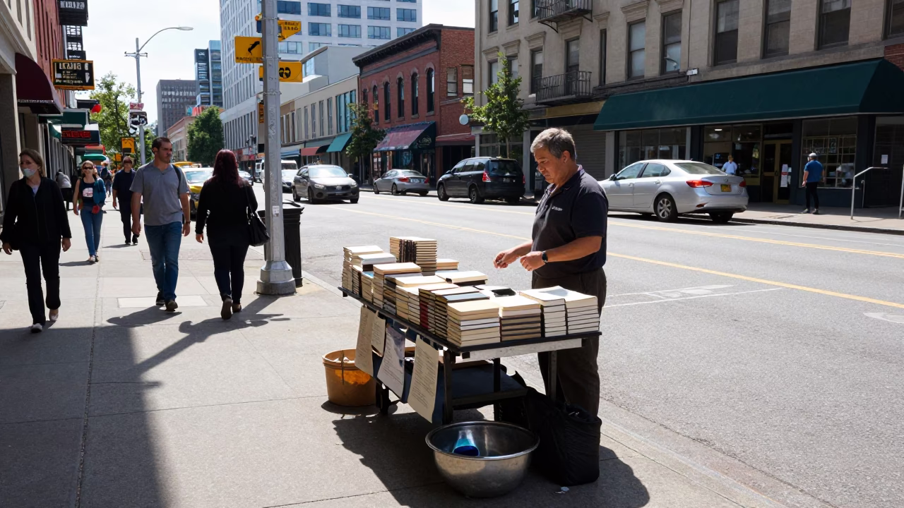 Busy Portland Oregon Street Scene with Paperbacks and Steel Bowl at Midday in in Portland, Oregon, United States