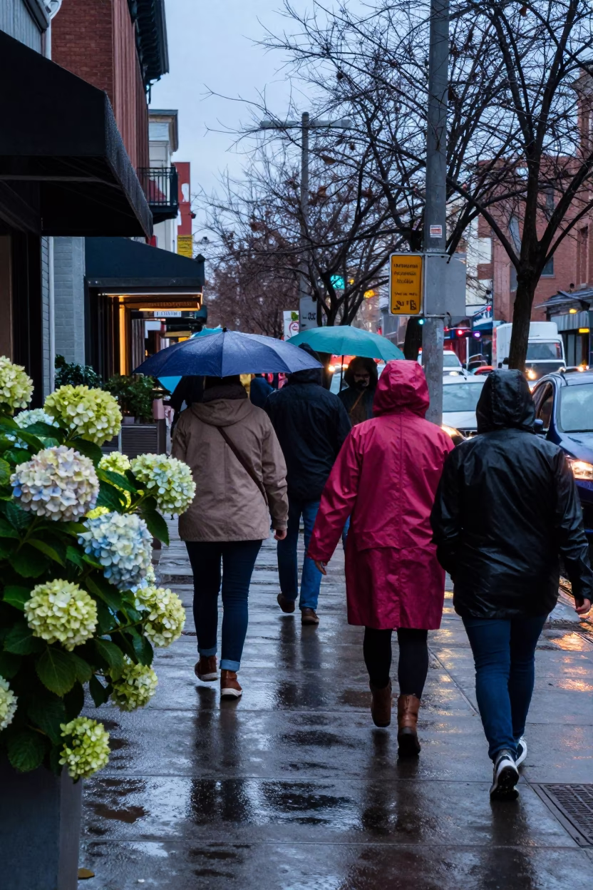 Busy Portland Oregon Street Scene with Raincoats and Hydrangeas in Early Evening in in Portland, Oregon, United States