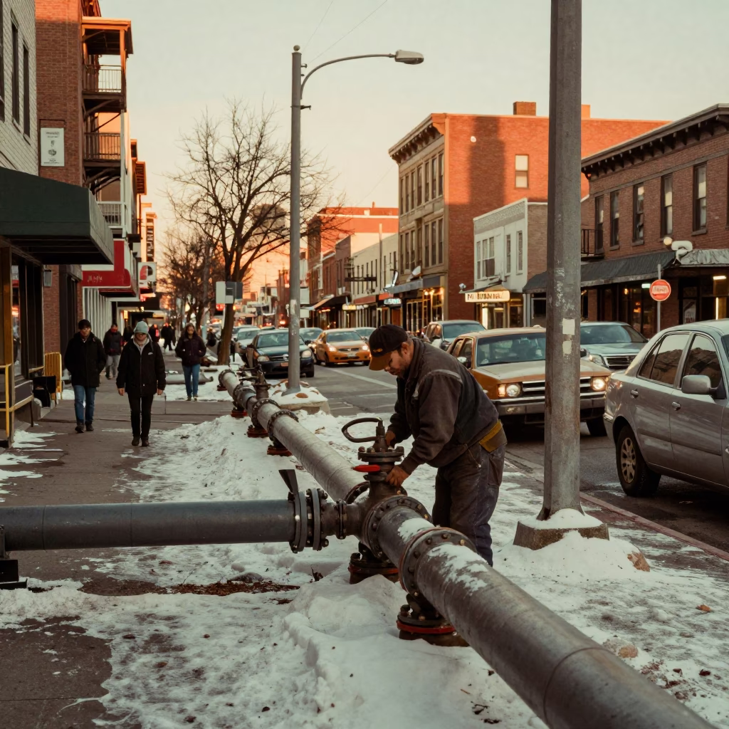 Busy Portland Oregon Street Scene with Steam Pipes and Vintage Cars in Evening Light in in Portland, Oregon, United States