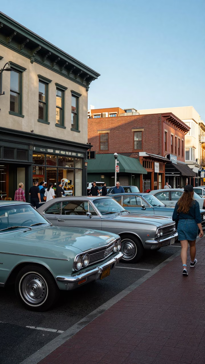 Busy Portland Oregon Street Scene with Vintage Cars and Pedestrians in Late Afternoon Light in in Portland, Oregon, United States