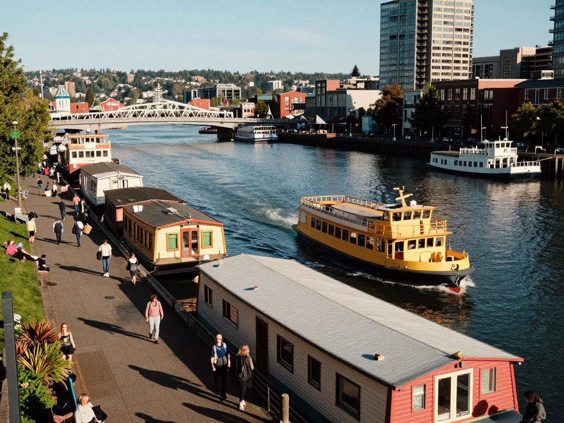 Busy Portland Oregon Street Scene with Water Taxi and Houseboats in Late Afternoon Light in in Portland, Oregon, United States