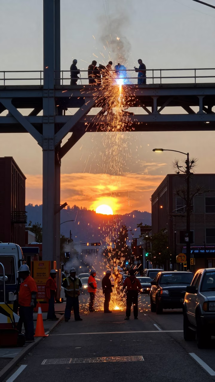 Busy Portland Oregon street scene with welding sparks and bridge construction at sunset in in Portland, Oregon, United States