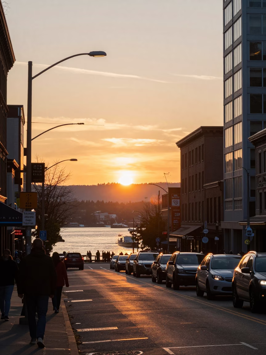 Busy Portland Oregon Sunset Street Scene with Sun Stripe Across Rail and Urban Activity in in Portland, Oregon, United States