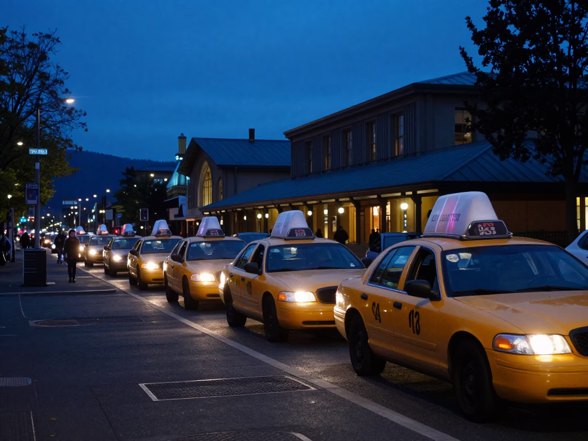 Busy Portland Oregon Taxi Rank at Twilight Outside Train Station with Cars and Pedestrians in in Portland, Oregon, United States