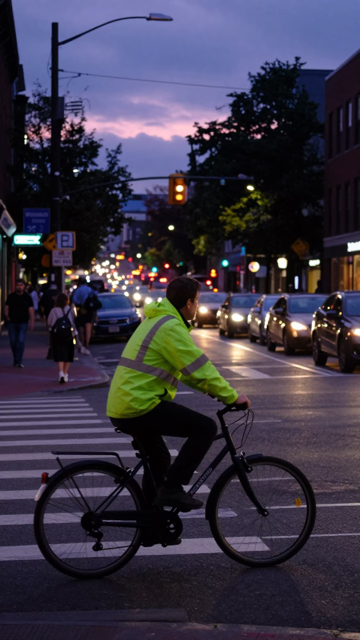 Busy Portland Oregon Twilight Street Scene with Bicycle and Urban Overpass in in Portland, Oregon, United States