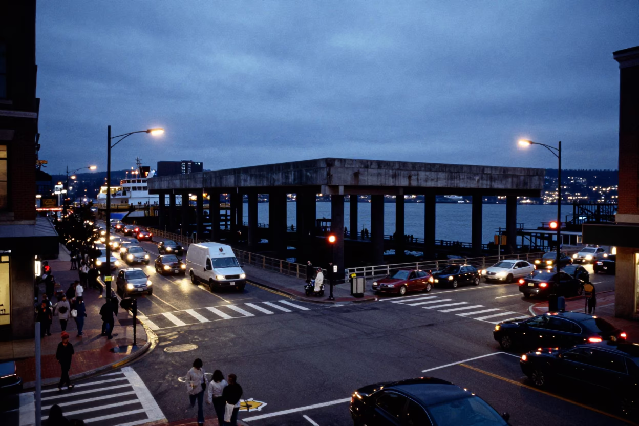 Busy Portland Oregon Twilight Street Scene with Ferry Ramp and Fig Tree in in Portland, Oregon, United States