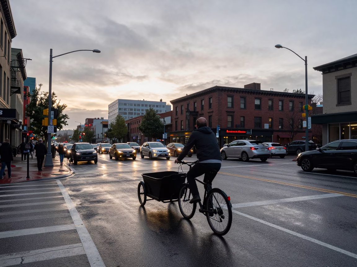 Busy Portland Street Corner at Dawn with Cyclist and Steam Haze in in Portland, Oregon, United States