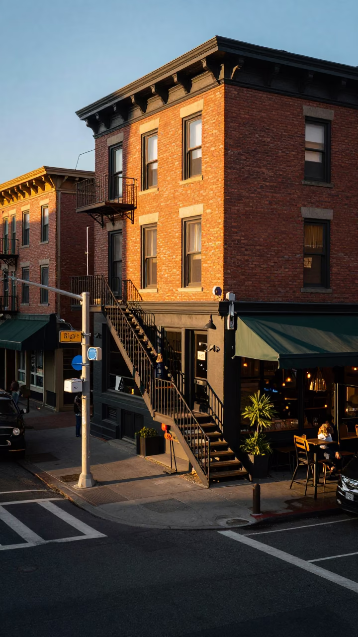 Busy Portland Street Corner at Golden Hour with Stair Rail and Paint Flecks in in Portland, Oregon, United States