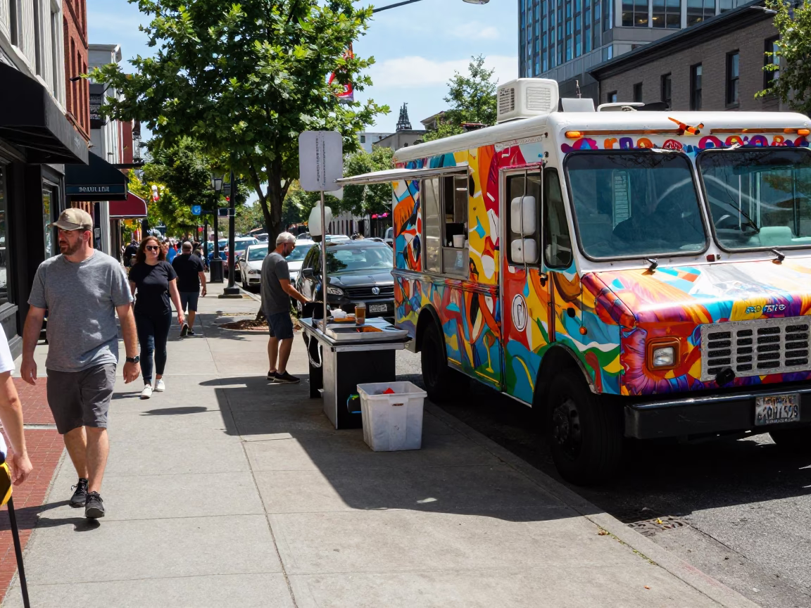 Busy Portland Street Scene with Food Vendor and Pedestrians in Midday Sun in in Portland, Oregon, United States