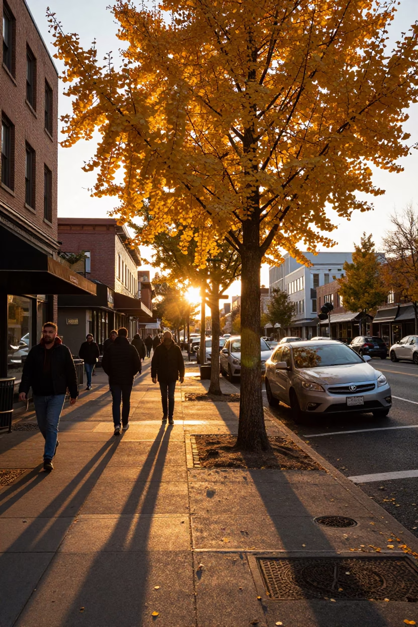 Busy Portland Street Scene with Golden Ginkgo Tree at Sunset in in Portland, Oregon, United States