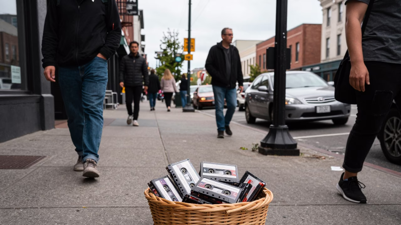 Busy Portland Street Scene With Vintage Cassette Tapes And Copper Pots in in Portland, Oregon, United States