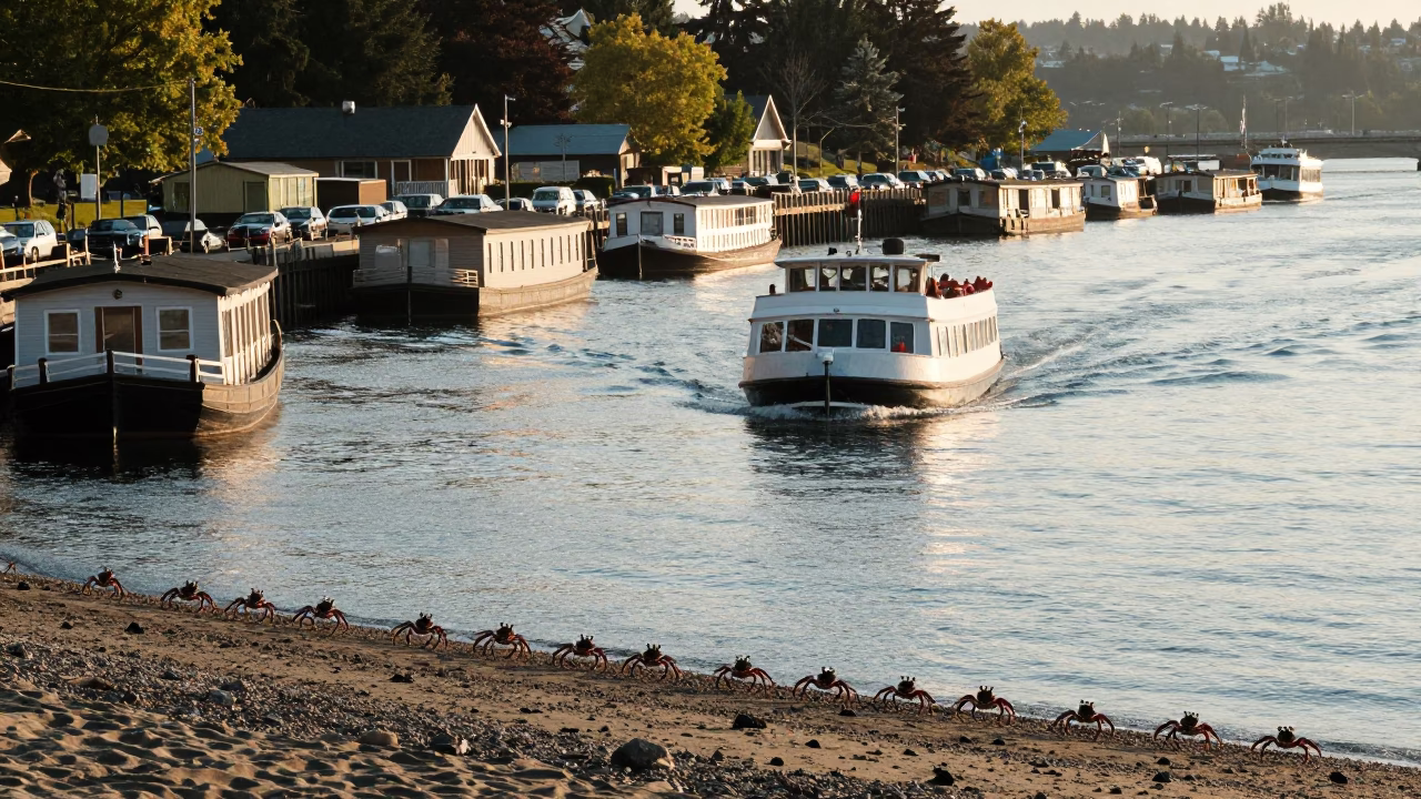 Busy Portland Street Scene with Water Taxi and Hermit Crab Migration at First Light in in Portland, Oregon, United States