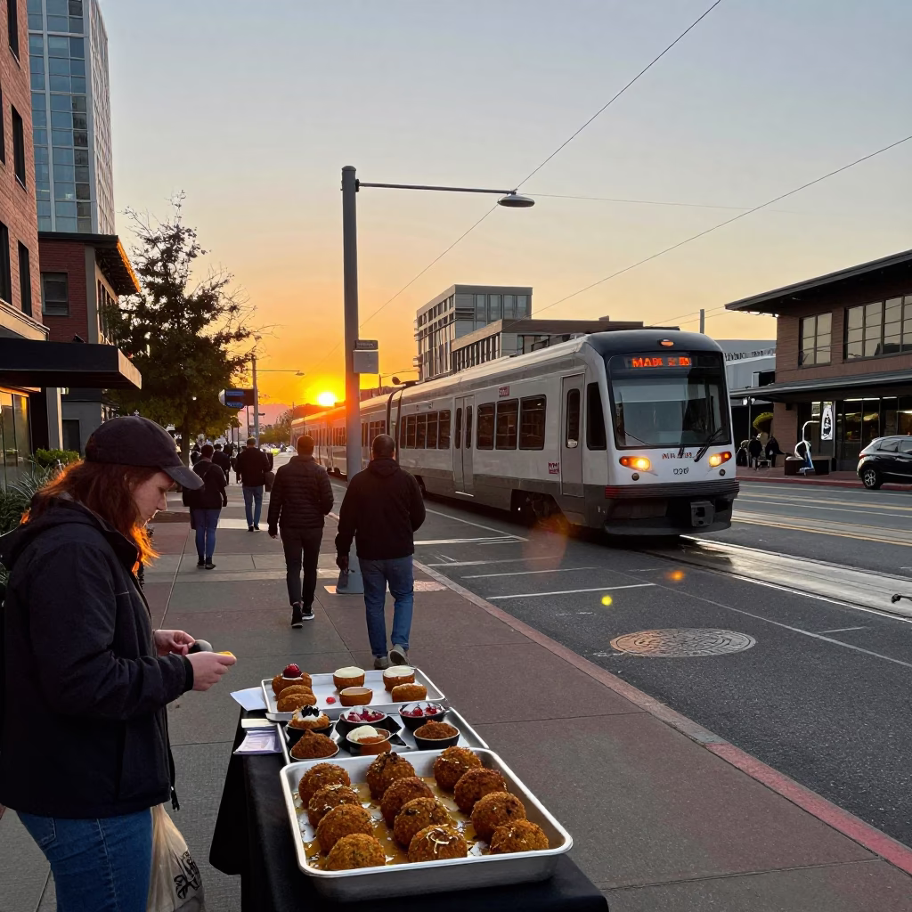 Busy Portland Sunset Street Scene with Commuter Train and Local Market Produce in in Portland, Oregon, United States