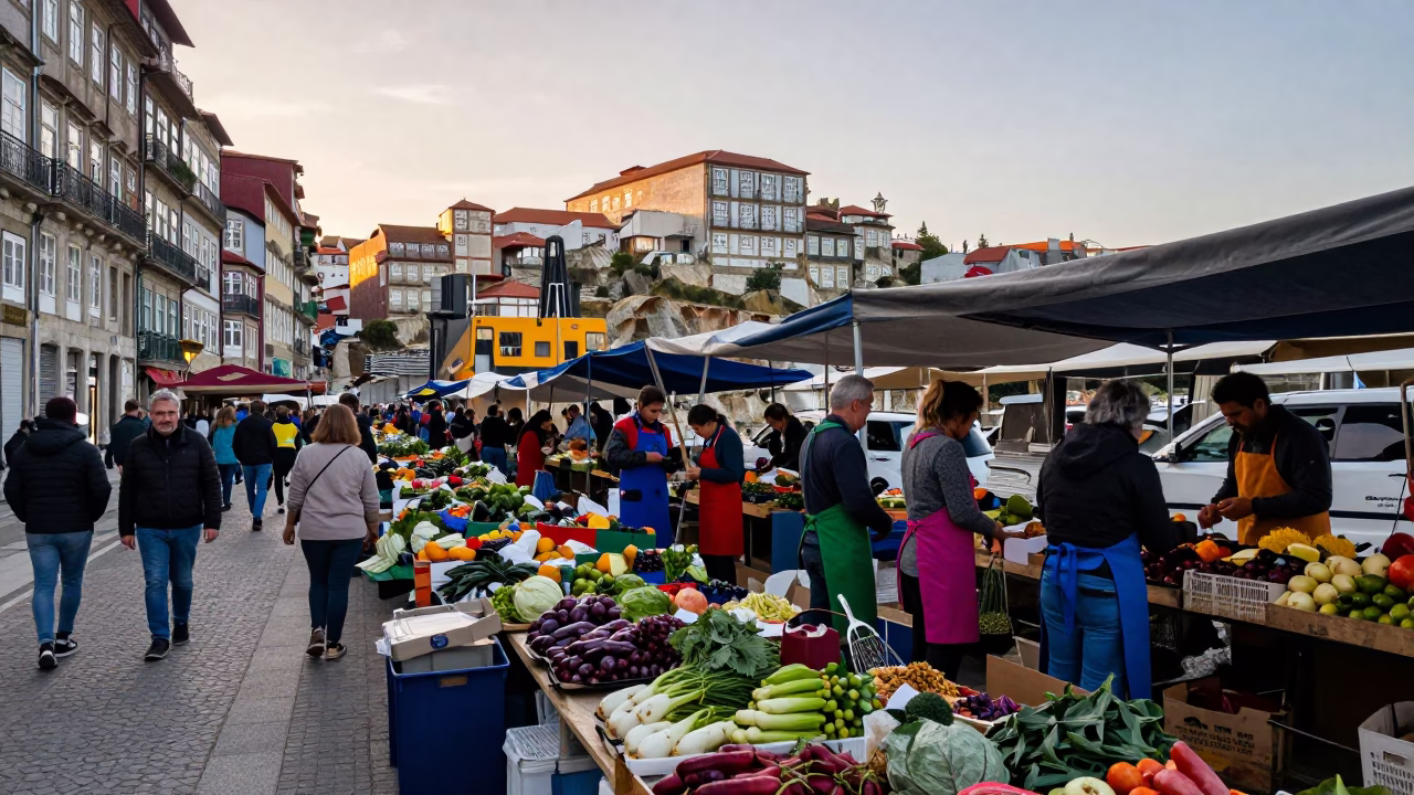 Busy Porto Dawn Market Scene with Aprons and Construction in Background in in Porto, Portugal