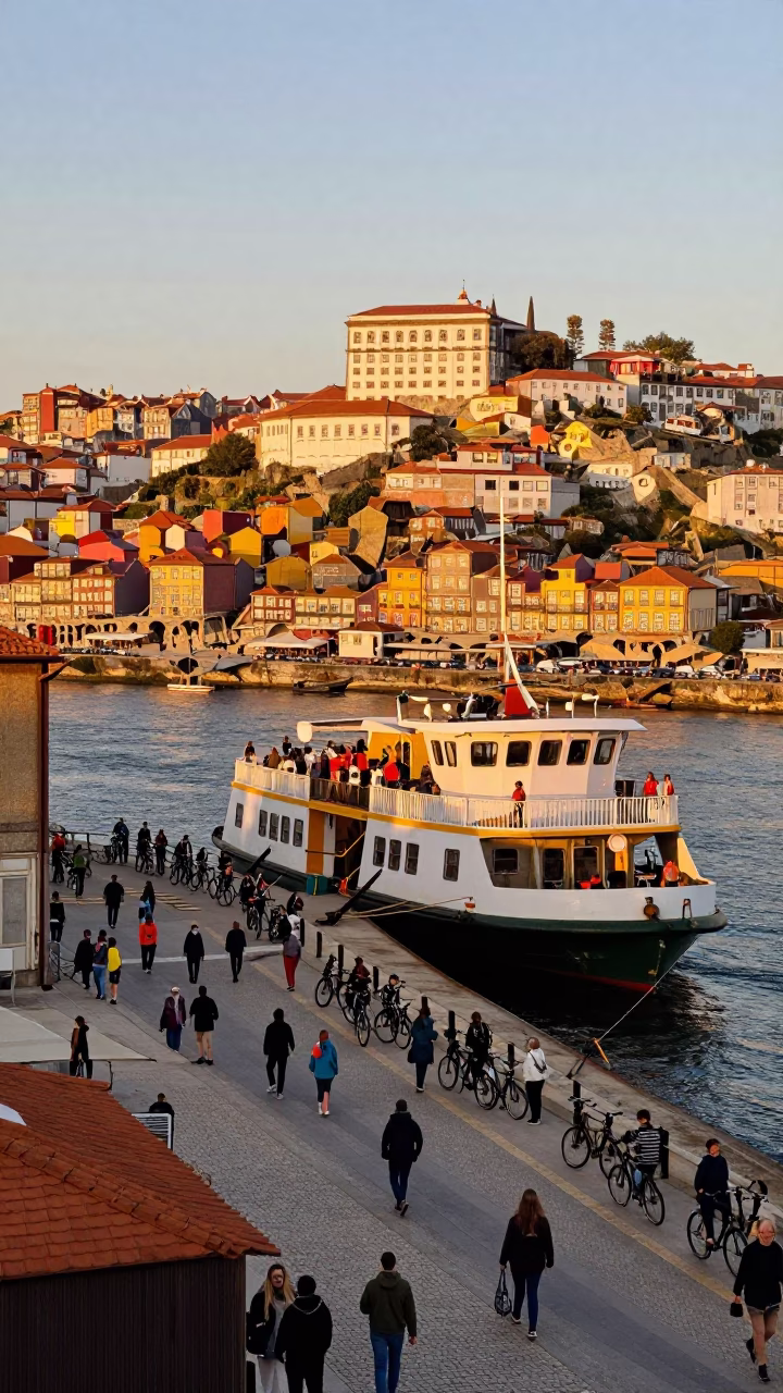 Busy Porto Evening Scene with Ferry Docking and Colorful Urban Life in in Porto, Portugal