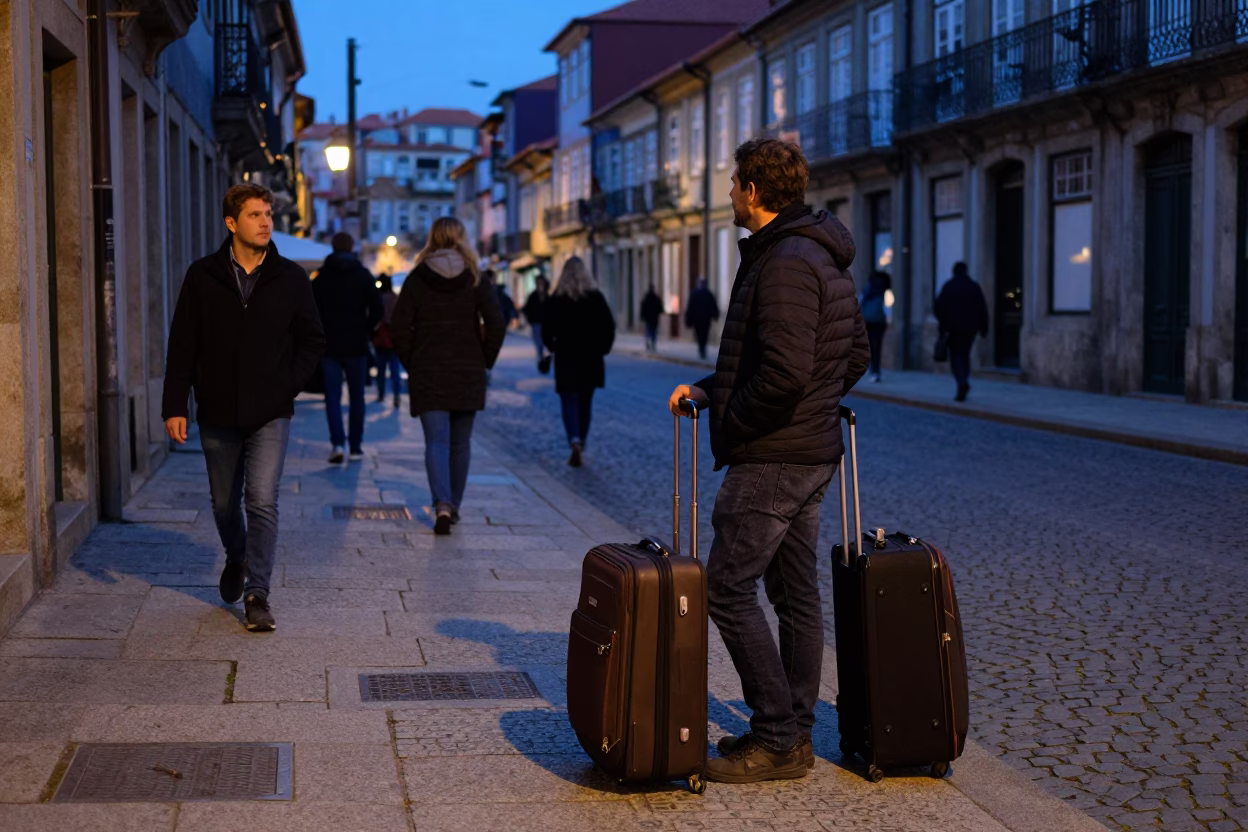 Busy Porto Evening Street Scene with Suitcases and Local Life in in Porto, Portugal