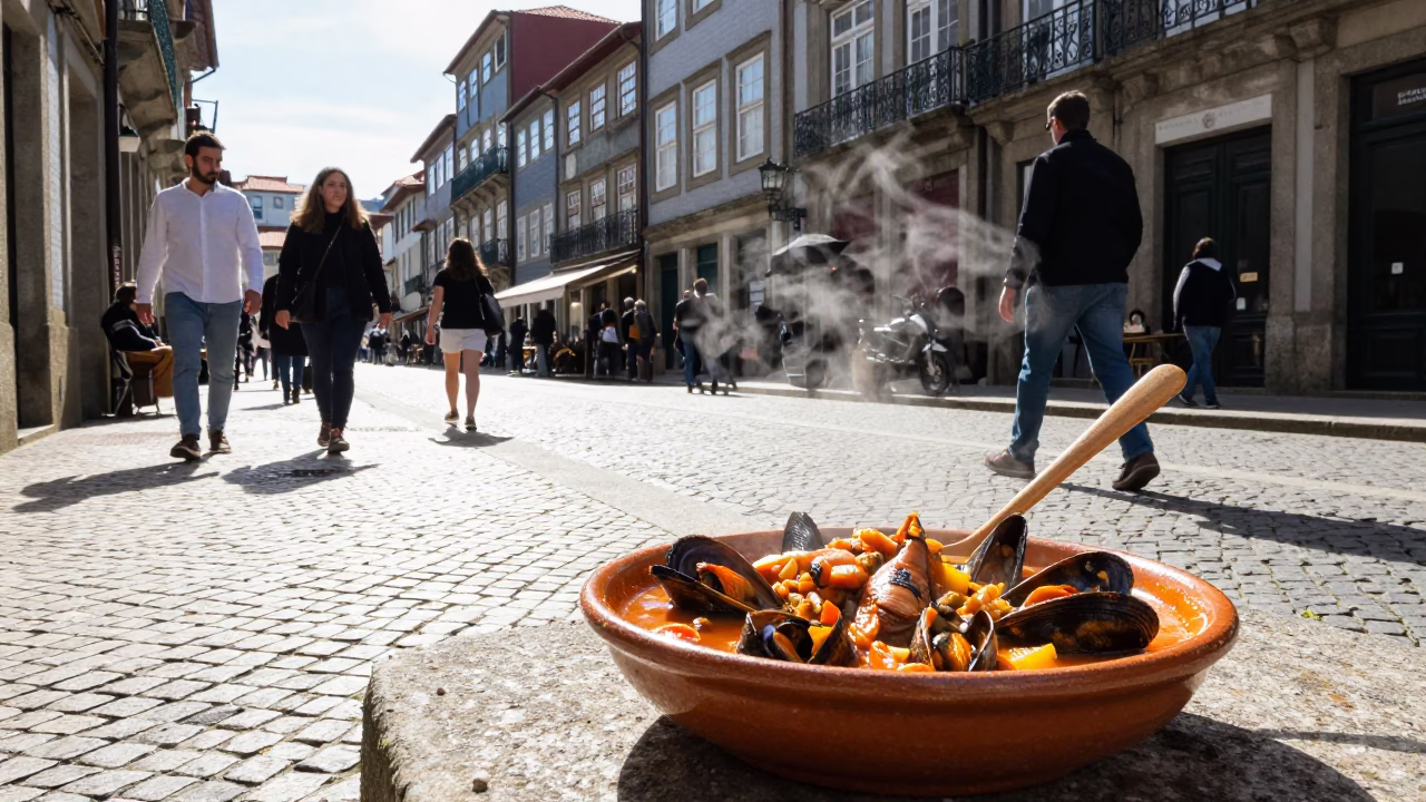 Busy Porto Midday Street Scene with Olive Wood Spoon and Local Dining in in Porto, Portugal