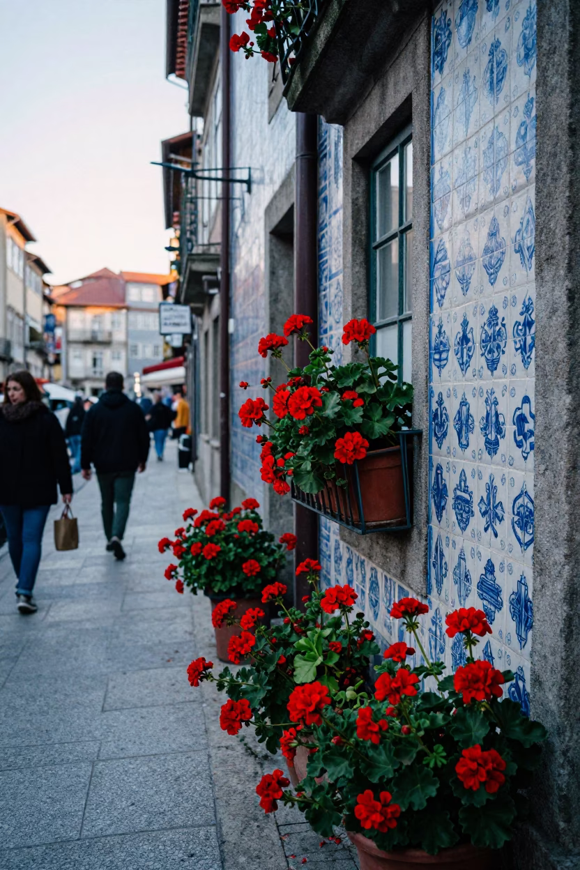 Busy Porto Morning Street Scene with Colorful Geraniums and Daily Life in in Porto, Portugal