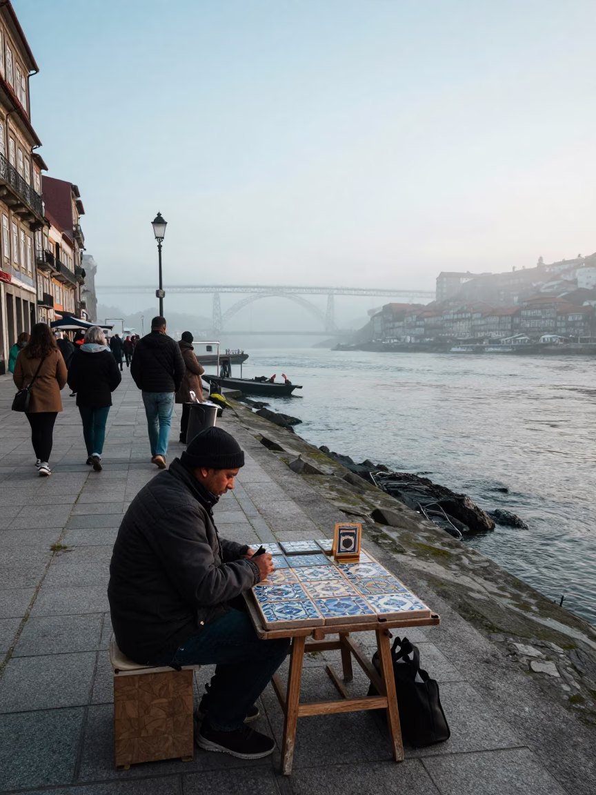 Busy Porto Morning Street Scene with Local Vendor and Folding Stools in in Porto, Portugal