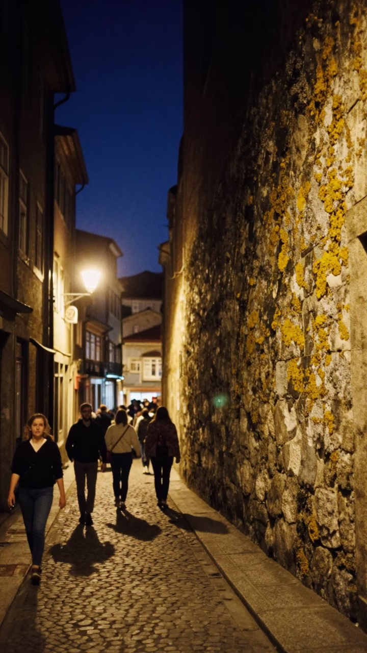 Busy Porto Night Street Scene with Lichen Covered Walls and Local Life in in Porto, Portugal
