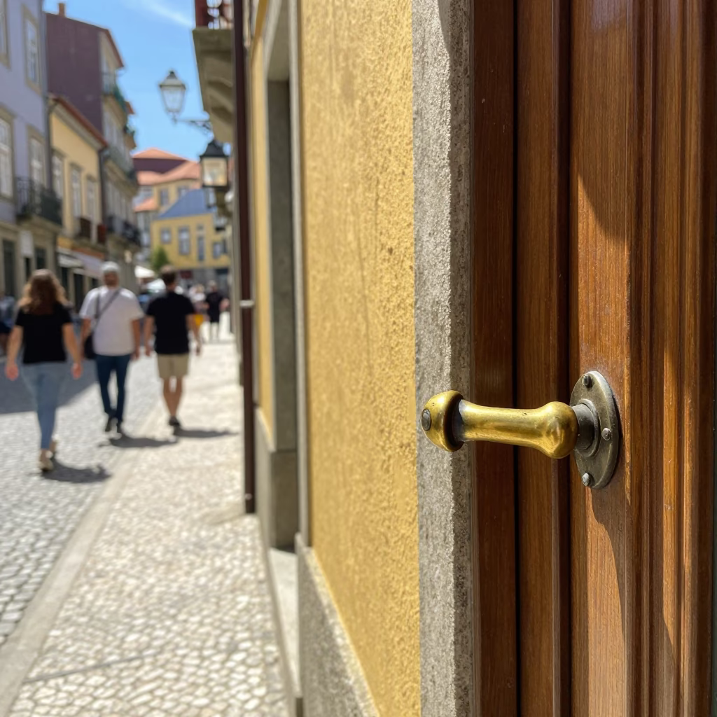 Busy Porto Portugal Midday Street Scene with Vintage Door Handle and Local Life in in Porto, Portugal