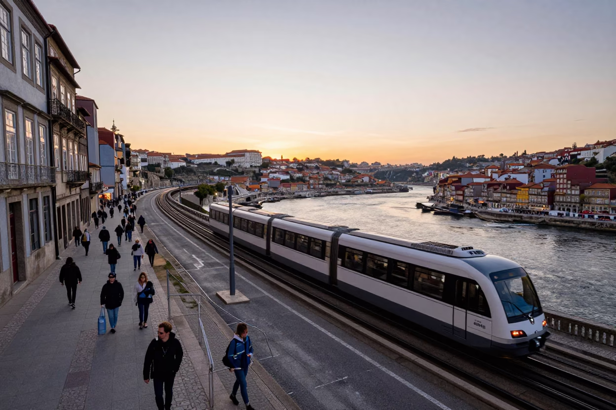 Busy Porto Portugal Street Scene at Nautical Dawn with Monorail and River in in Porto, Portugal