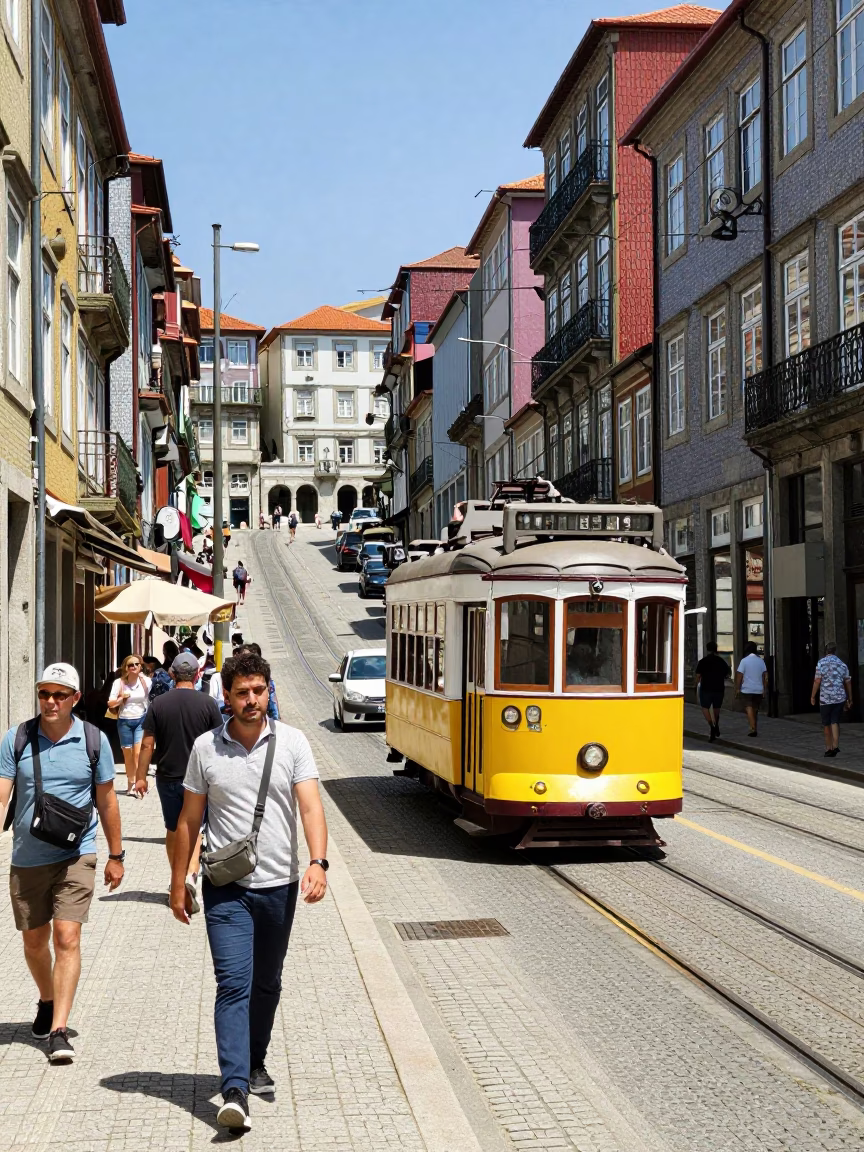Busy Porto Portugal Street Scene Midday with Vintage 1980s Heritage Tram and Local Traffic in in Porto, Portugal