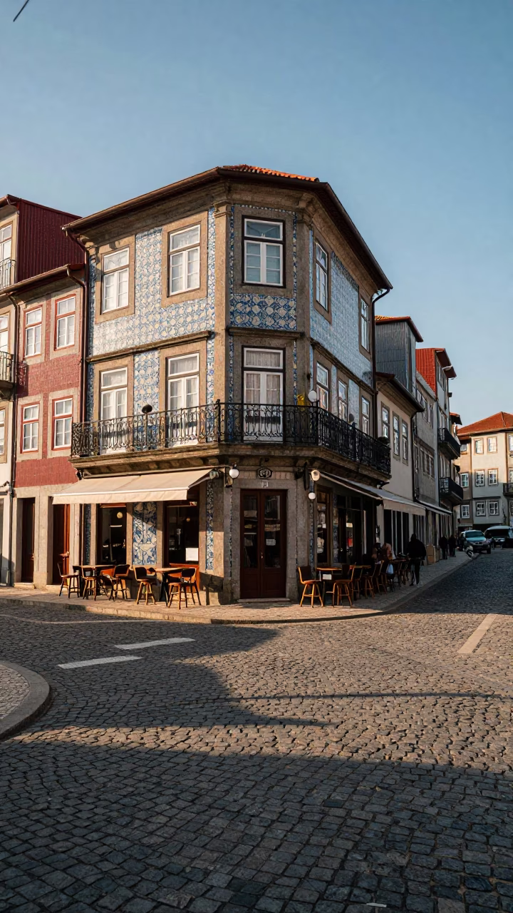 Busy Porto Street Corner at Dawn with Bar Stools and Local Interaction in in Porto, Portugal