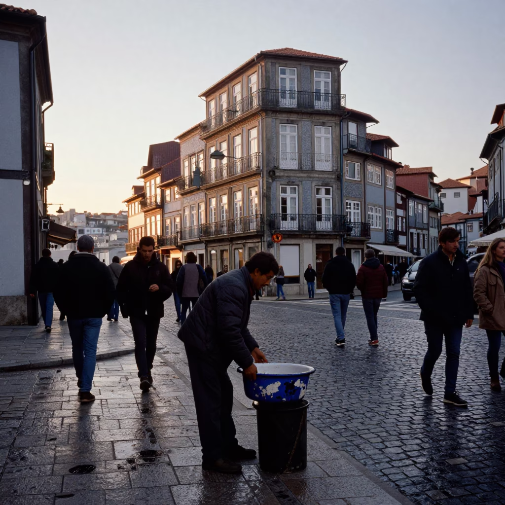 Busy Porto Street Corner at Nautical Dawn with Weathered Blue Enamel and Vintage Details in in Porto, Portugal