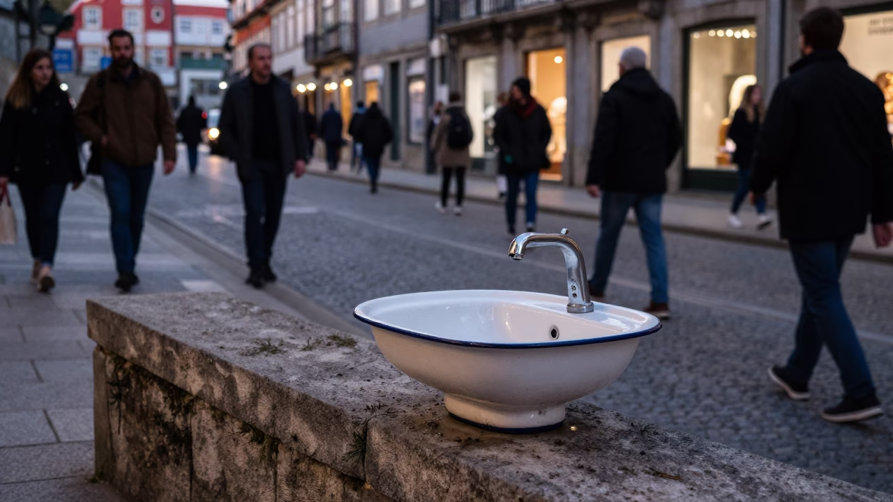 Busy Porto Street Corner Early Evening with Wash Basin and Pears in Portuguese Neighborhood in in Porto, Portugal