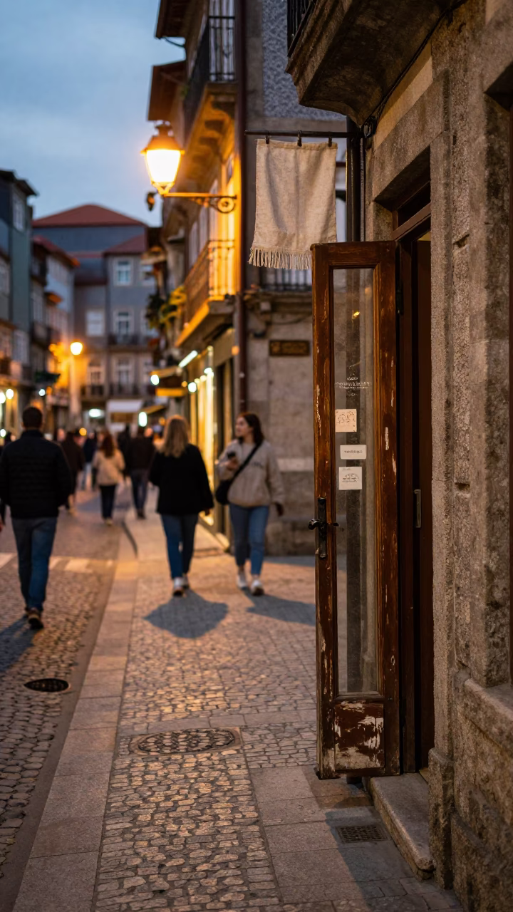Busy Porto Street Corner Evening Scene with Linen Fringe and Dried Flowers in in Porto, Portugal