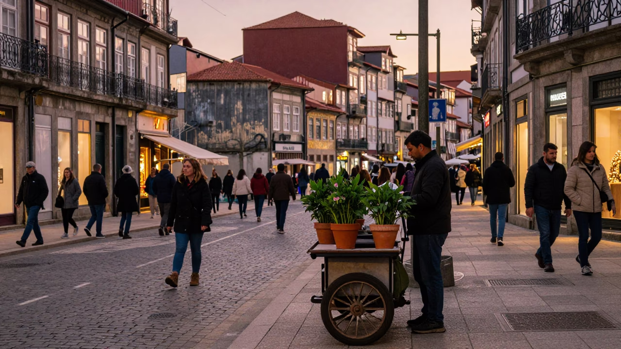 Busy Porto Street Corner Evening Scene with Vintage Details in in Porto, Portugal