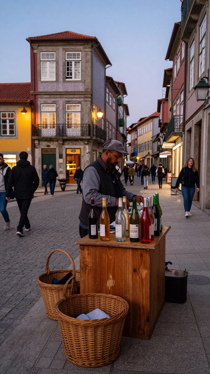 Busy Porto Street Corner Evening Scene with Wicker Basket and Colored Glass Bottles in in Porto, Portugal