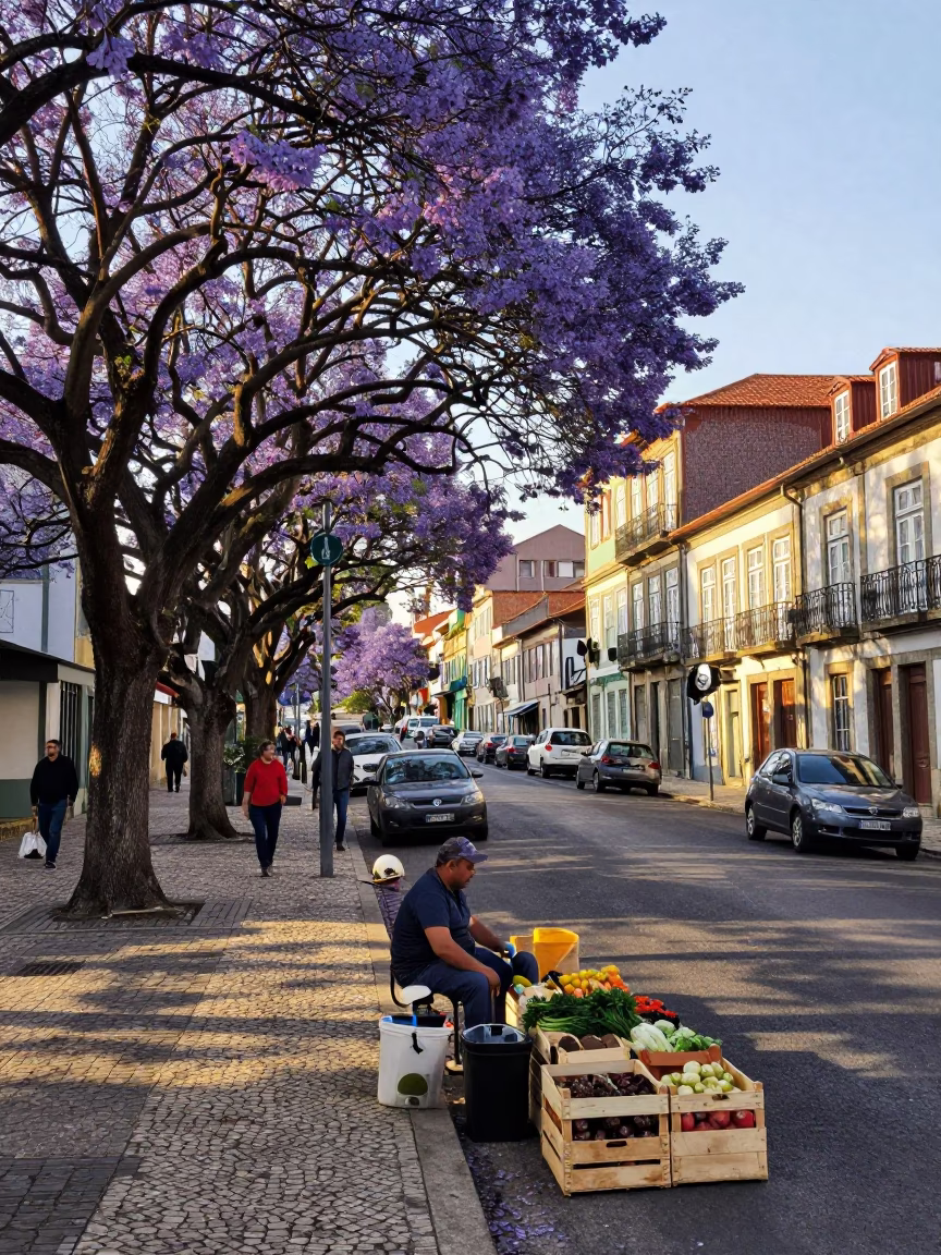 Busy Porto Street Corner with Jacaranda Bloom and Local Market Activity in in Porto, Portugal