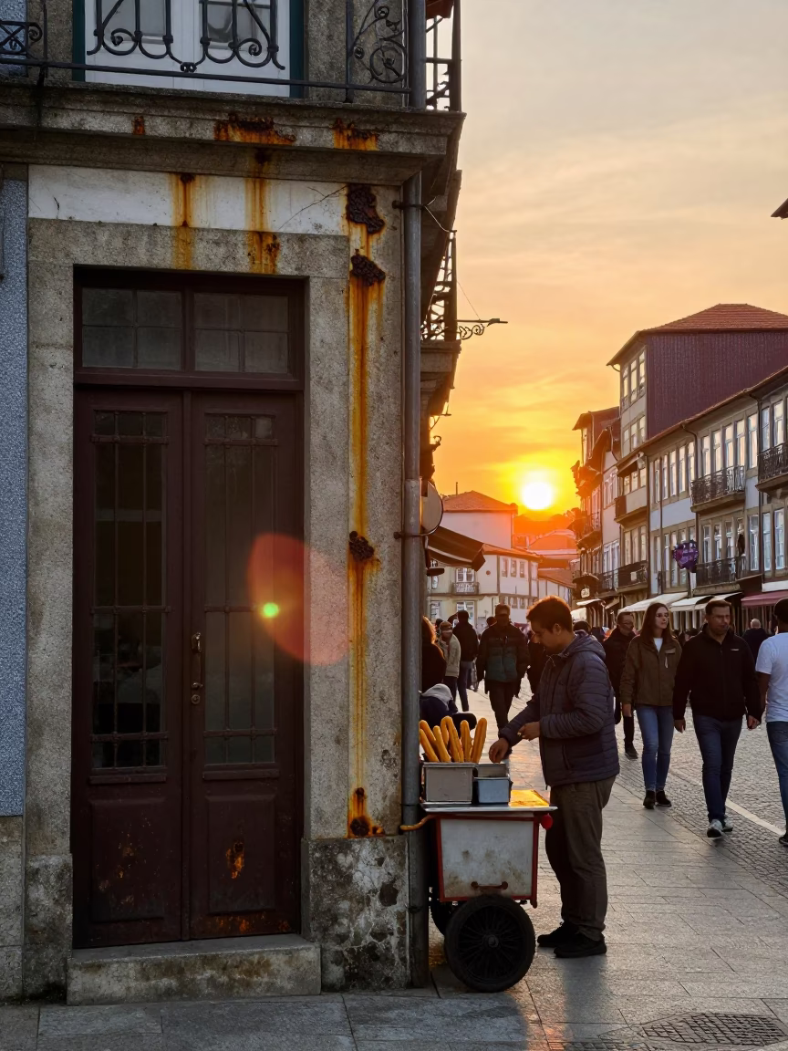 Busy Porto Street Corner with Rusting Doorframe and Churros at Sunset in Portugal in in Porto, Portugal