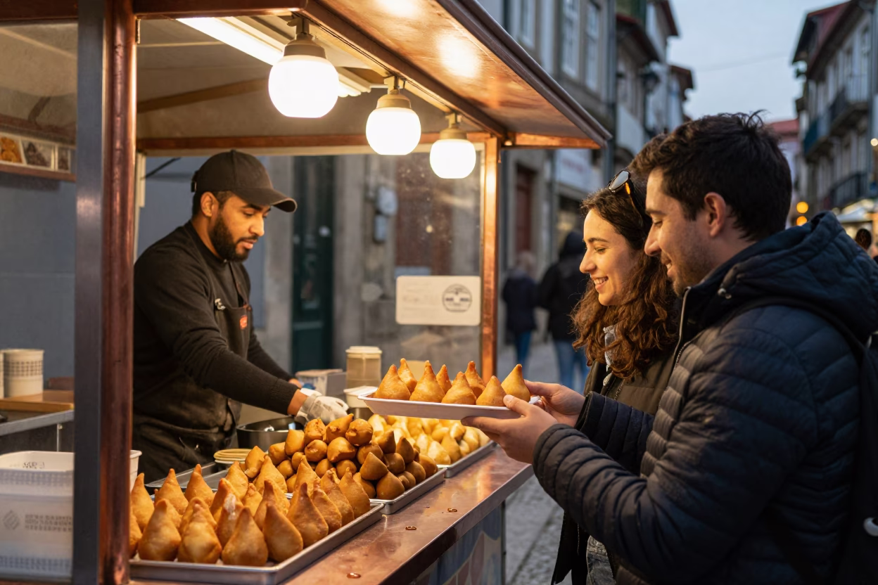 Busy Porto Street Food Stall with Coxinhas and Local Patrons in Dusk Light in in Porto, Portugal