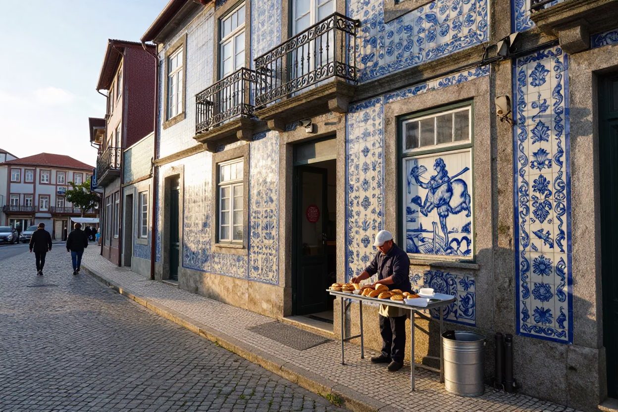 Busy Porto Street Scene After Sunrise with Traditional Azulejo Tiles and Daily Life in in Porto, Portugal