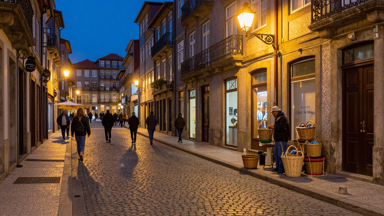 Busy Porto Street Scene at Blue Hour with Woven Baskets and Twine Fibers in in Porto, Portugal