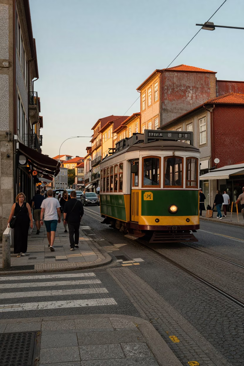 Busy Porto Street Scene at Golden Hour with Vintage Car and Local Life in in Porto, Portugal