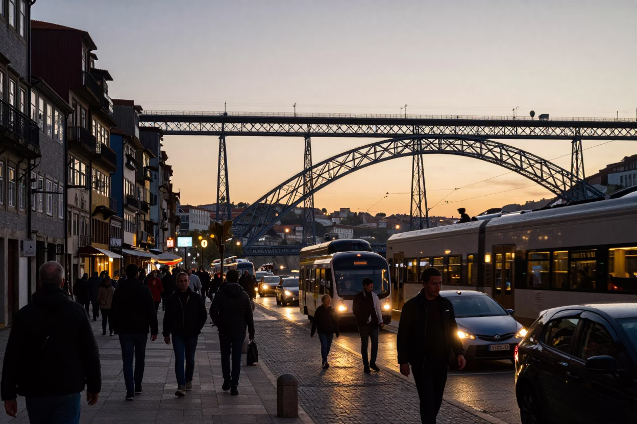 Busy Porto Street Scene at Nautical Dawn with Blue Hour Light and Local Life in in Porto, Portugal