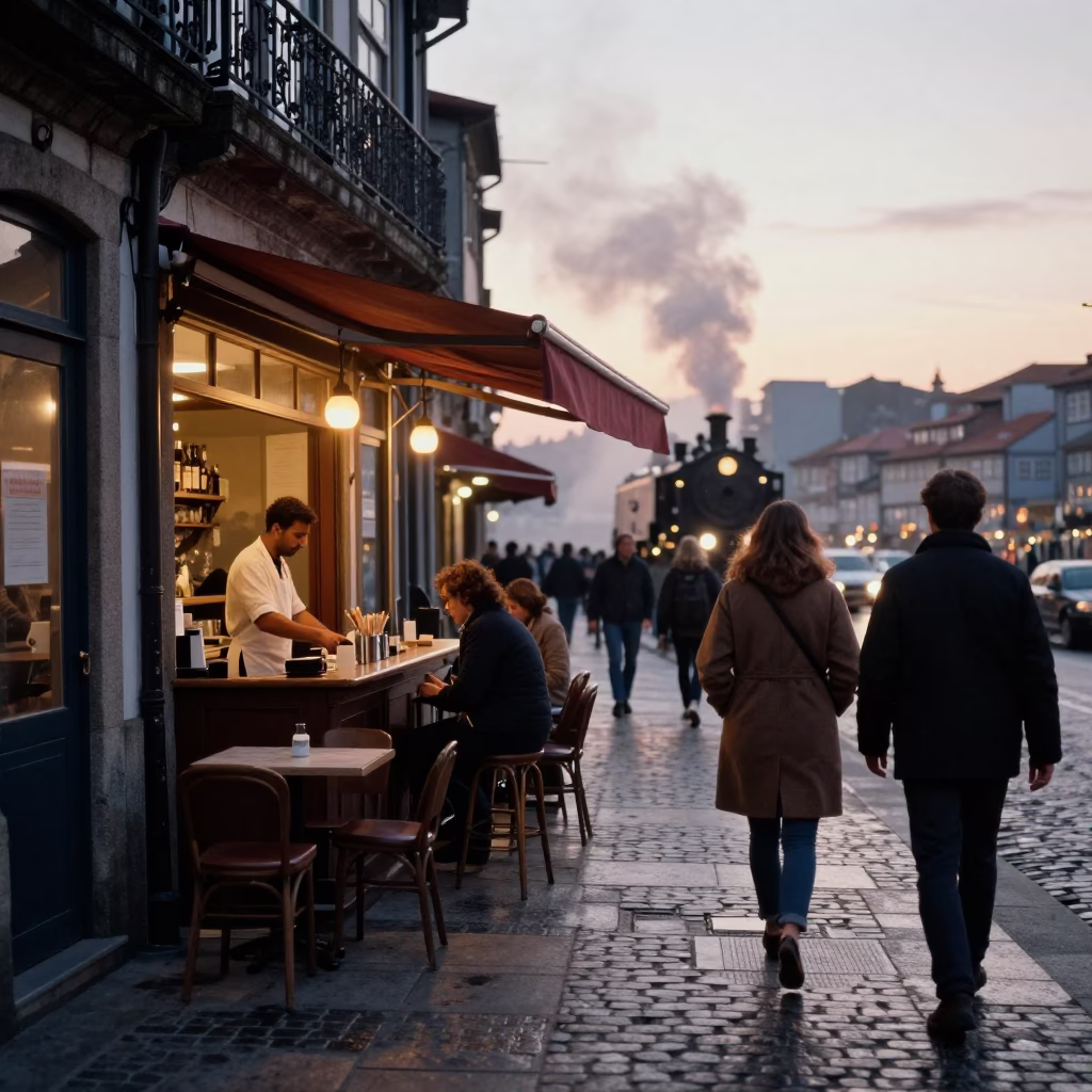 Busy Porto Street Scene at Nautical Dawn with Steam Clouding Window Edge in in Porto, Portugal