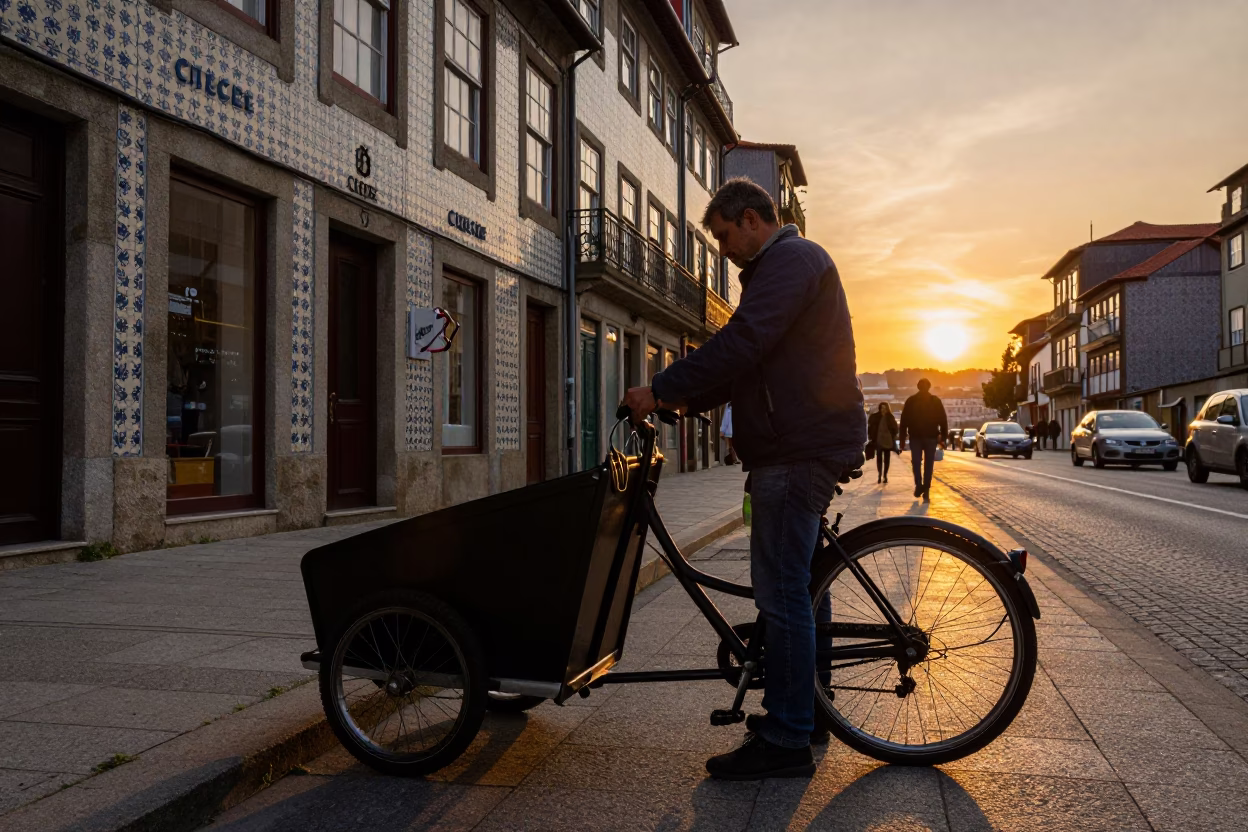 Busy Porto Street Scene at Sunset with Cargo Bicycle and Shirt Hanger in in Porto, Portugal