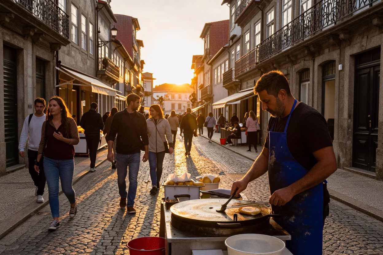 Busy Porto Street Scene at Sunset with Local Food Vendors and Traditional Aprons in in Porto, Portugal