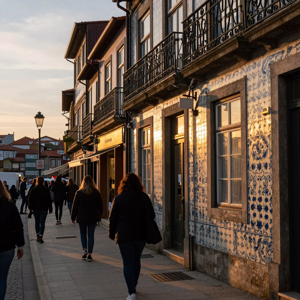 Busy Porto Street Scene at Sunset with Local Shop and Pedestrians in in Porto, Portugal