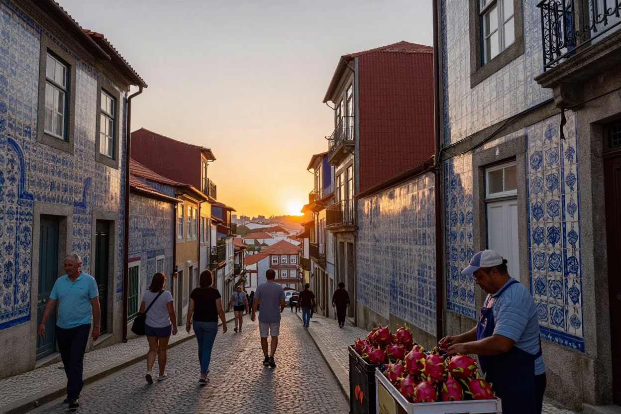 Busy Porto Street Scene at Sunset with Traditional Azulejo Tiles and Local Market Activity in in Porto, Portugal