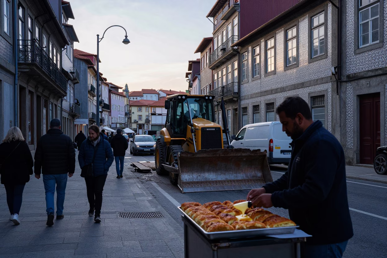 Busy Porto Street Scene Before Sunrise with Construction and Local Life in in Porto, Portugal
