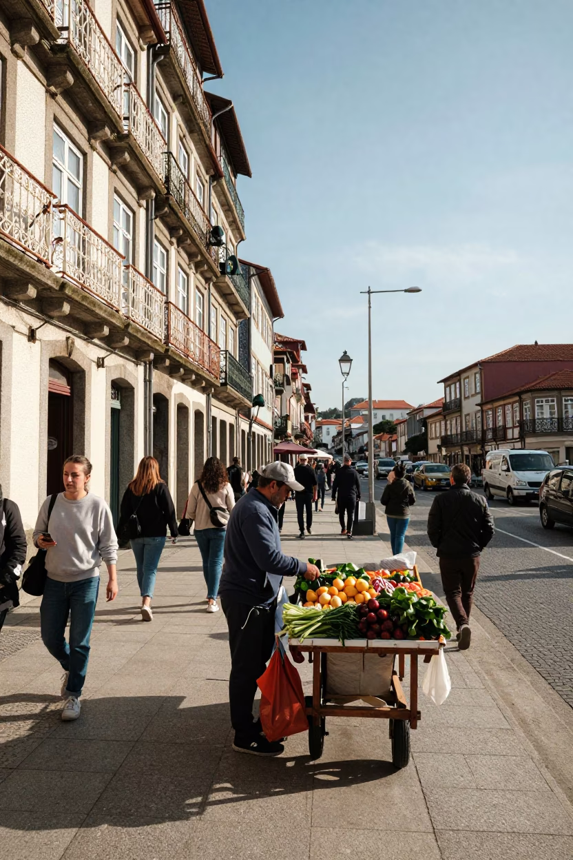 Busy Porto Street Scene Early Afternoon with Local Life and Traditional Architecture in in Porto, Portugal