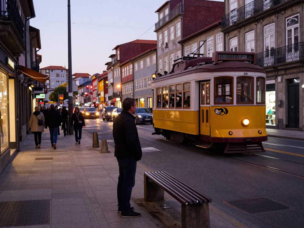 Busy Porto Street Scene Early Evening with Cable Car and Local Life in in Porto, Portugal