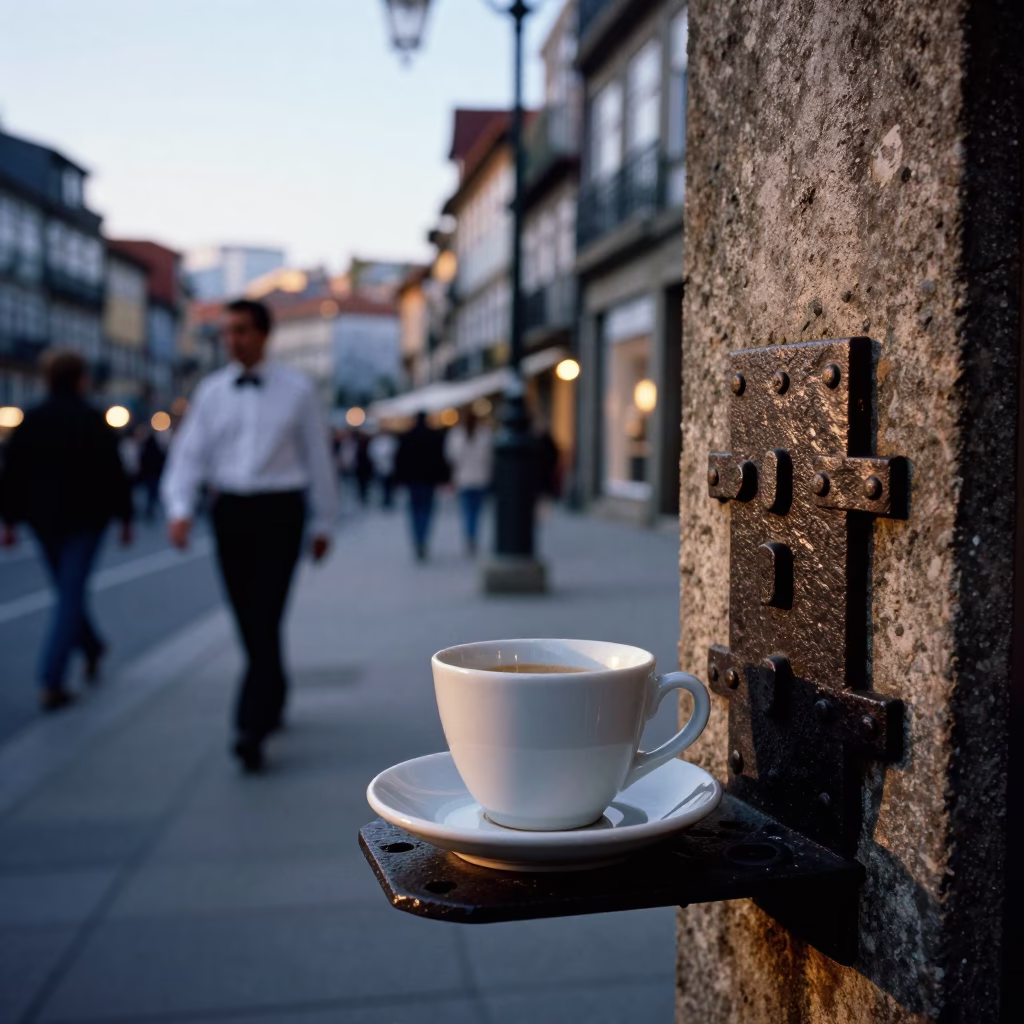 Busy Porto Street Scene Early Evening with Ceramic Cup and Iron Deadbolt Details in in Porto, Portugal