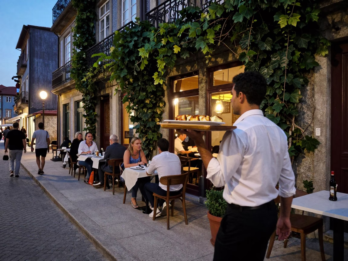 Busy Porto Street Scene Early Evening with Ivy Vines and Local Dining in in Porto, Portugal